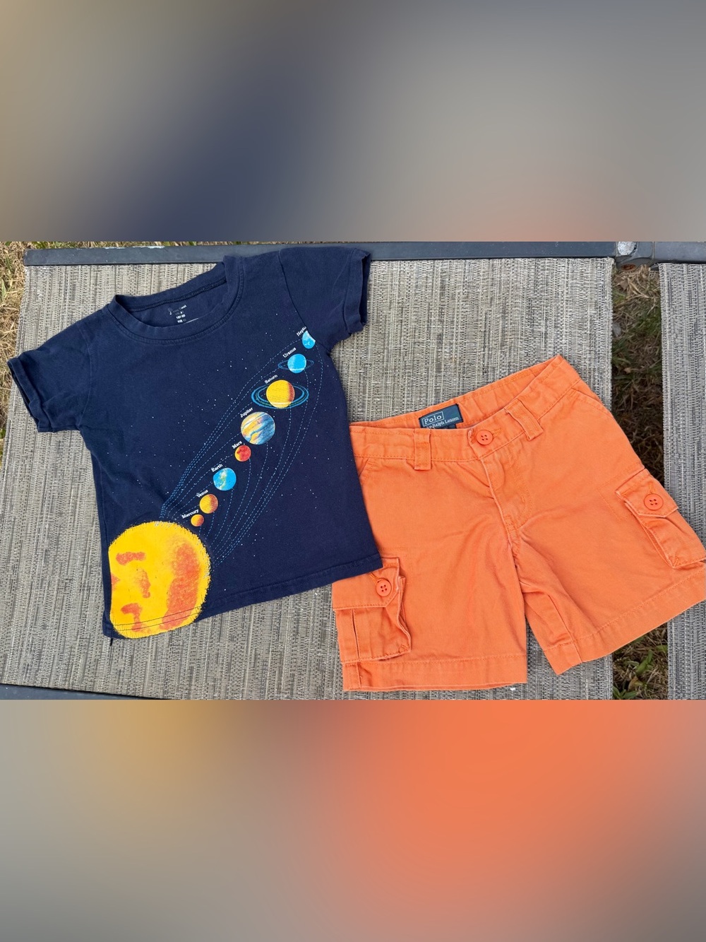 Ralph Lauren Orange Toddler Cargo Shorts w/Colorful Planets Shirt, 2T FIRM PRICE